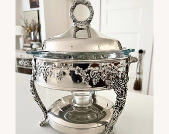 VINTAGE / Calentador de buffet Godinger Silverplate Grapevine / Años 80 (con inserto de vidrio)