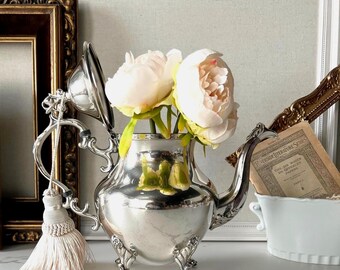 Timeworn Silver Teapot | Ornate Rococo Revival Vessel | Zoomorphic Dolphin Footed | Old World Collected Decor