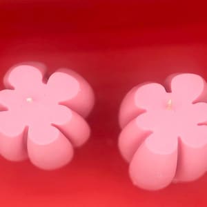 May include: Two pink flower-shaped candles with a single wick each. The candles are set against a vibrant red background. The flower petals are rounded and smooth, creating a soft, inviting aesthetic.