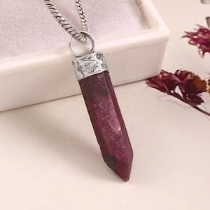 Natural Raw Ruby Point Pendant, 925 Sterling Silver Hexagonal Crystal Necklace (July Birthstone)