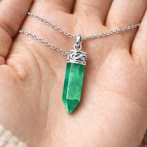 Natural Raw Emerald Point Pendant, 925 Sterling Silver Hexagonal Crystal Necklace