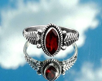 Natural Garnet Ring, 925 Sterling Silver Ring, Red Garnet Gemstone Ring, Marquise Garnet Ring, Leaf Design Silver Ring, Gift For Her