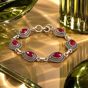 Pulsera de rubí natural y plata, pulsera de rubí de plata de ley 925, pulsera de rubí con gema, pulsera llamativa de rubí rojo, regalo para ella.