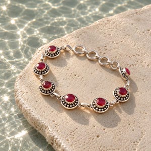 Natural Ruby Silver Bracelet, 925 Sterling Silver Ruby Bracelet, Red Ruby Gemstone Bracelet, Ruby Statement Bracelet, Gift For Her