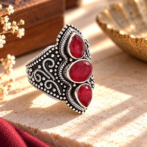 Natural Ruby Ring, 925 Sterling Silver Ring, Triple Ruby Gemstone Ring, Red Ruby Statement Ring, Vintage Boho Silver Ring, Gift For Her