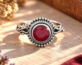 Natural Ruby Ring, 925 Sterling Silver Ring, Red Ruby Gemstone Ring, Round Ruby Ring, Vintage Ring, Statement Jewelry, Gift For Her