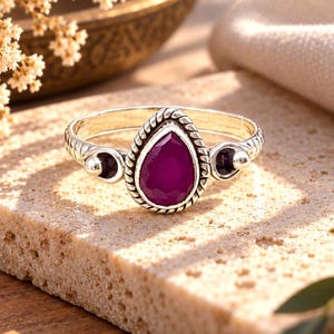 Natural Ruby Ring, 925 Sterling Silver Ring, Red Ruby Gemstone Ring, Pear Shape Ruby Ring, Vintage Silver Ring, Boho Jewelry, Gift For Her