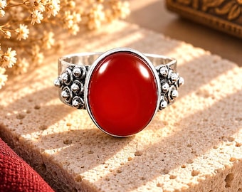 Natural Red Carnelian Ring, 925 Sterling Silver Ring, Red Carnelian Gemstone Ring, Oval Carnelian Ring, Vintage Statement Ring, Gift For Her