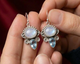 Pendientes de plata 925 hechos a mano con piedra lunar arcoíris natural y topacio azul. Regalo para ella.