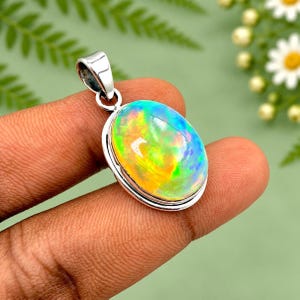 Natural Fire Opal Pendant, 925 Sterling Silver, Natural Blue Opal Jewelry, Oval Pendant, Natural Fire Opal, Gift for Her