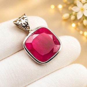 Natural Ruby Pendant, 925 Sterling Silver Pendant, Red Ruby Gemstone Silver Jewelry, Square Statement Pendant, Gift For Her