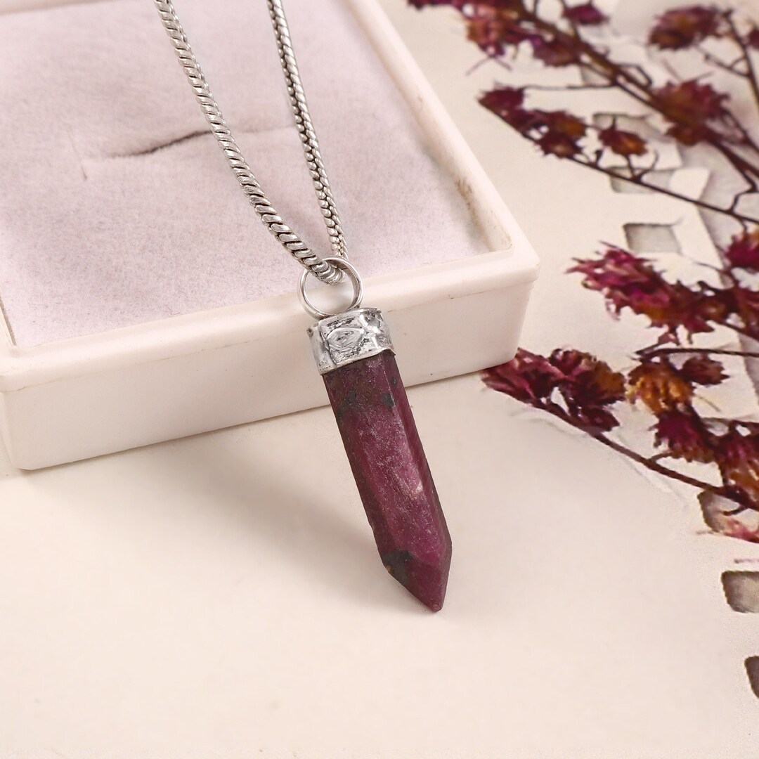 Natural Raw Ruby Point Pendant, 925 Sterling Silver Hexagonal Crystal ...