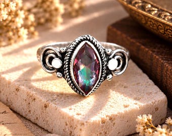Natural Mystic Topaz Ring, 925 Sterling Silver Ring, Mystic Topaz Gemstone Ring, Oval Statement Ring, Vintage Ring, Gift For Her