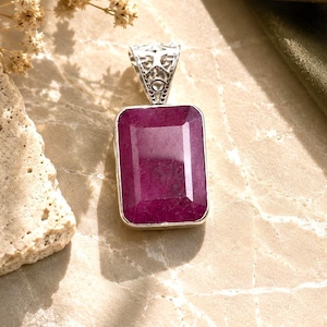 Natural Ruby Pendant, 925 Sterling Silver Pendant, Red Ruby Gemstone Silver Jewelry, Rectangular Ruby Pendant, Vintage Jewelry, Gift For Her