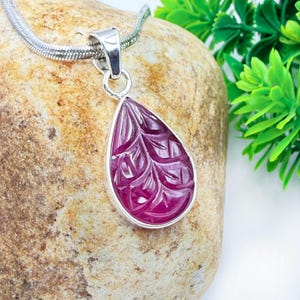 Natural Hand Carved Ruby Leaf Pendant, 925 Sterling Silver, Handmade Gemstone Jewelry Gift