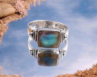 Natural Labradorite Ring, 925 Sterling Silver Ring, Labradorite Gemstone Ring, Rectangular Labradorite Ring, Blue Stone Ring,  Gift For Her