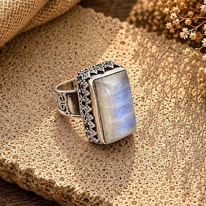 Anillo de piedra lunar natural, anillo de plata de ley 925, anillo rectangular de piedra lunar, joyería de plata vintage, regalo para ella.