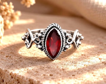 Natural Garnet Ring, 925 Sterling Silver Ring, Red Garnet Gemstone Ring, Marquise Garnet Ring, Vintage Filigree Silver Ring, Gift For Her