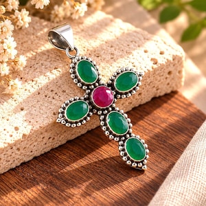 Natural Ruby & Green Emerald Cross Pendant, 925 Sterling Silver Pendant, Emerald Ruby Cross Jewelry, Statement Pendant, Gift For Her