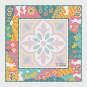 May include: Square Easter-themed design with a central floral pattern in pink and white. The border features bunnies, eggs, chicks, and floral elements in pastel colors. The design includes the text "RACK IT! MAH JONG".