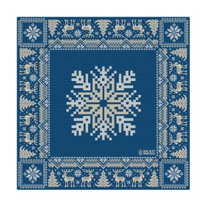 May include: A square, blue and white patterned textile with a snowflake design in the center. The border features reindeer, trees, and snowflake motifs. The text "RACK IT! MAHJONG" is visible in the lower right corner.