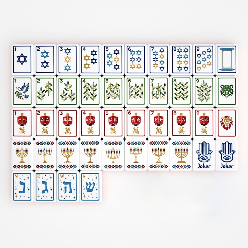May include: A set of rectangular mahjong tiles featuring Jewish-themed illustrations. The tiles display blue Star of David symbols, green olive branches, red dreidels with Chinese characters, gold menorahs, hamsa hands, and Hebrew letters.