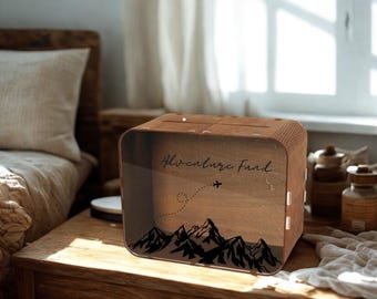 Adventure Fund Savings Box – Wooden Travel Fund, Vacation Money Bank, Mountain Design, Wanderlust Gift