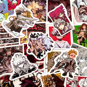 Puede incluir: Una colecci&oacute;n de pegatinas de estilo anime con varios personajes en poses din&aacute;micas. Las pegatinas muestran una gama de colores, incluyendo rojo, blanco y negro, con ilustraciones detalladas y contornos audaces. Las pegatinas est&aacute;n troqueladas.
