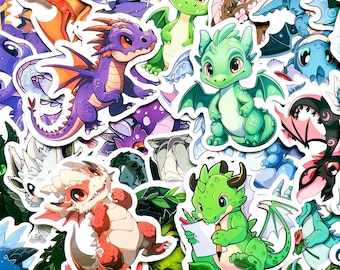 Paquete de 50 pegatinas de dragón adorables, pegatinas de dragón de fantasía kawaii, pegatinas de dragón de dibujos animados coloridos, pegatinas adorables impermeables para niños