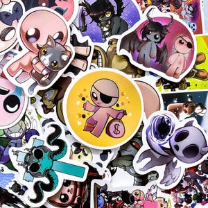 Könnte beinhalten: Eine Sammlung farbenfroher Aufkleber mit Cartoon-Charakteren. Die Aufkleber zeigen verschiedene Designs, darunter Figuren mit großen Augen, geflügelte Kreaturen und Charaktere, die Gegenstände halten. Die Farbpalette umfasst Rosa, Schwarz, Gelb und Blau.