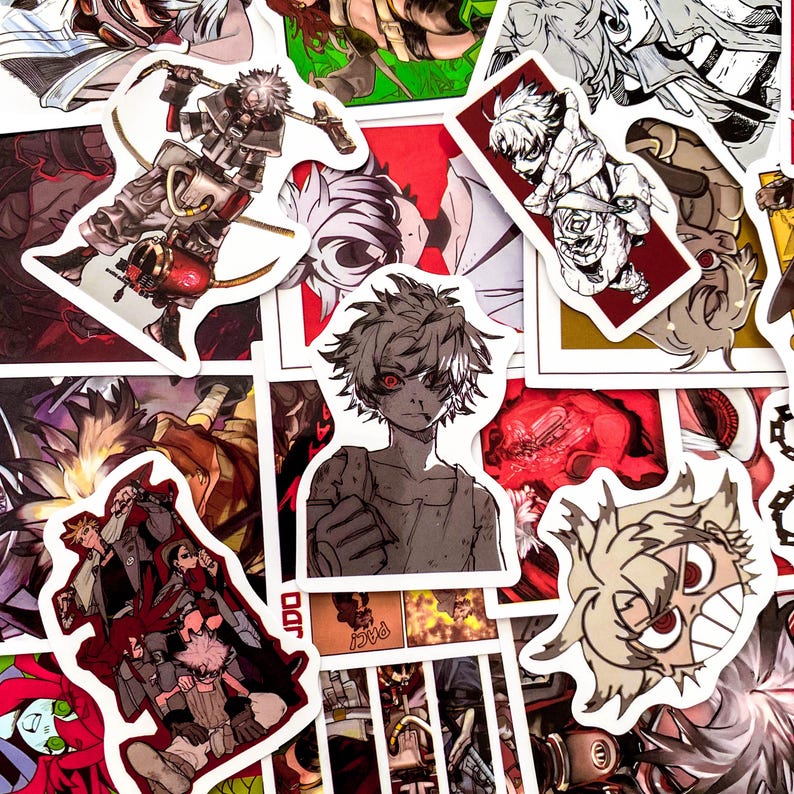 Puede incluir: Una colecci&oacute;n de pegatinas de estilo anime que presentan varios personajes en poses de acci&oacute;n. Las pegatinas muestran una gama de colores, incluyendo rojo, blanco y negro, con ilustraciones detalladas y composiciones din&aacute;micas. Las pegatinas est&aacute;n sobre un fondo blanco.