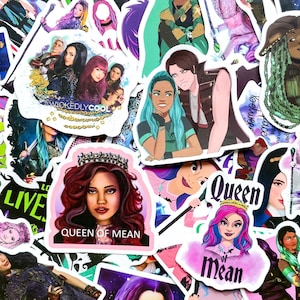 May include: A collection of colorful stickers featuring characters from a fantasy movie. The stickers showcase various characters with vibrant hair and costumes. Some stickers have text that reads "WICKEDLY COOL" and "QUEEN OF MEAN".