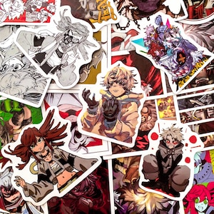 Puede incluir: Una colecci&oacute;n de pegatinas de estilo anime con varios personajes en poses din&aacute;micas. Las pegatinas muestran una gama de colores, incluyendo rojo, blanco, negro y beige. La obra de arte tiene un estilo de c&oacute;mic con contornos audaces y sombreado detallado.