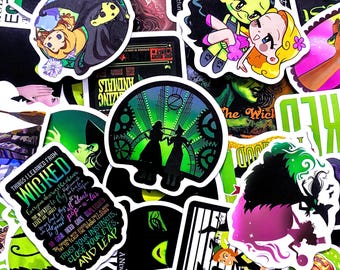 Paquete de 50 pegatinas musicales de Wicked, pegatinas de teatro de Broadway, ilustraciones de Green Witch, pegatinas impermeables para fans.