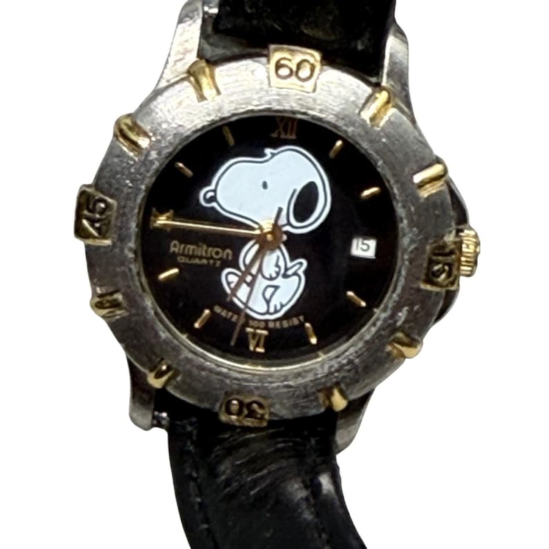 Armitron Snoopy Watch Vintage Peanuts Black Dial Date 900/92 775 Quartz Leather image 1