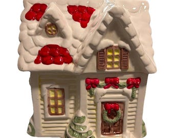 ミュージカルセラミック製スノーウィークリスマスハウスクッキージャー（箱付き）Bradlees Holiday VTG