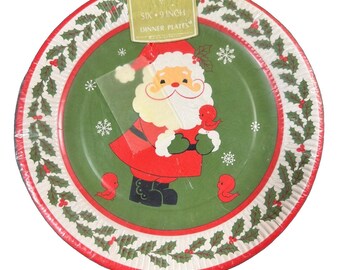 VTG NOS Ambassador 9" Paper Dinner Plates Santa Christmas Holiday Holly 6 Pk NEW