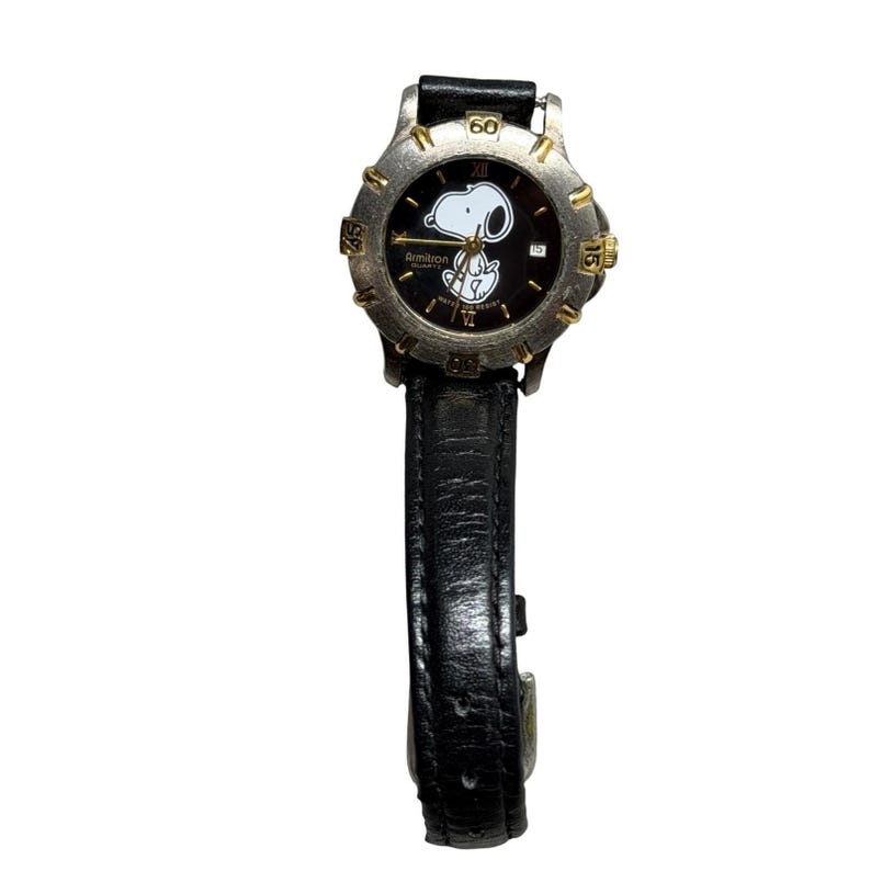 Armitron Snoopy Watch Vintage Peanuts Black Dial Date 900/92 775 Quartz Leather image 2