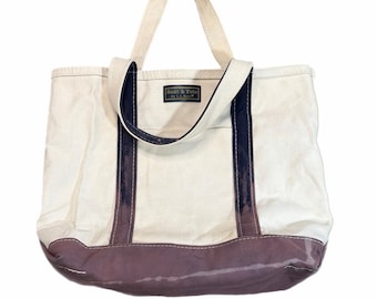 VTG 1990s LL Bean Boat and Tote Bag Med Canvas Navy Trim Zip Top w pocket Logo