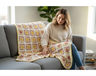 Coperta quadrata vintage all'uncinetto fatta a mano, stile "nonna", gialla, rosa e bianca, 64x76 cm.