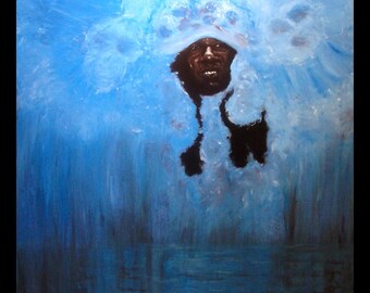 May include: Acrylic on canvas painting titled "New Atlantian" by Howard Coates. The artwork features a dark-skinned figure emerging from a blue and white background. The painting measures 60 x 72 inches.