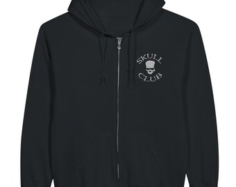 May include: Black zip-up hoodie with a hood and a silver zipper. The hoodie features the text "SKULL CLUB" in a stylized font, along with a skull graphic on the upper left chest area. The hoodie is made of a soft material.