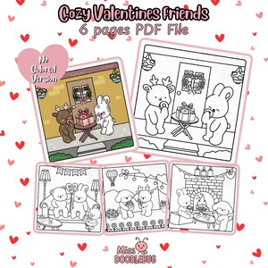 May include: A digital download featuring six pages of printable coloring pages with a Valentine's Day theme. The pages include illustrations of cute animals, gifts, and cozy scenes. The text "Cozy Valentines Friends" and "6 pages PDF File" are displayed at the top.