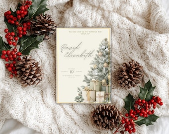 May include: A wedding invitation with a gold border, featuring the names "David & Elizabeth" in elegant script. The design includes a Christmas tree, wrapped gifts, and the date December 19. The invitation is surrounded by pine cones, holly, and red berries.
