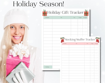 May include: A woman in a white hat and gloves holds a pink gift box with a white bow and a silver gift. The image includes two printable holiday trackers: a "Holiday Gift Tracker" and a "Stocking Stuffer Tracker". The text reads "Stay organized this Holiday Season!"