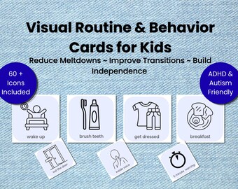 Visuele schemapictogrammen afdrukbaar voor kinderen, routine- en gedragspictogrammen, autisme ADHD visuele ondersteuning, eerst dan bordpictogrammen, 64 iconenset (pdf)