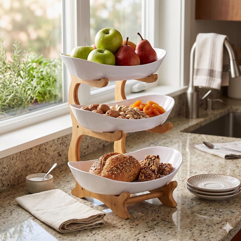 May include: A three-tiered serving stand with a light wood frame and three white, oval-shaped ceramic bowls. The top bowl holds green apples and red pears. The middle bowl contains walnuts and dried apricots. The bottom bowl holds bread.