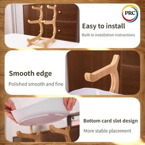 May include: A light-colored wooden display stand with two tiers and curved support arms. The stand features a smooth, polished finish and a bottom card slot design for stability. Text on the image includes "Easy to install", "Smooth edge", and "Bottom card slot design".