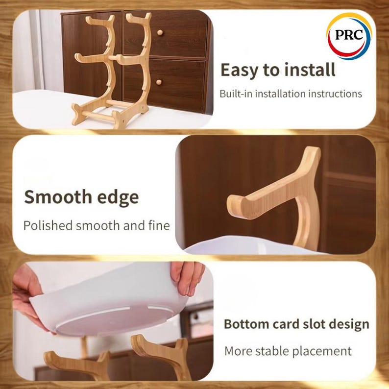 May include: A light-colored wooden display stand with two tiers and curved support arms. The stand features a smooth, polished finish and a bottom card slot design for stability. Text on the image includes "Easy to install", "Smooth edge", and "Bottom card slot design".