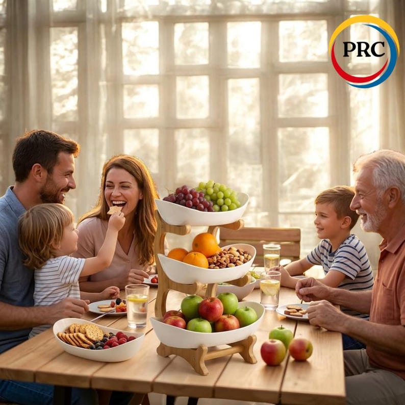 May include: A three-tiered white ceramic fruit stand with a wooden frame sits on a wooden table. The stand holds grapes, oranges, and nuts. A separate white bowl contains crackers and berries. The PRC logo is visible in the upper right corner.